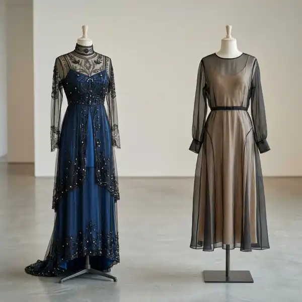 Editorial comparison of historical and contemporary sheer eveningwear layering