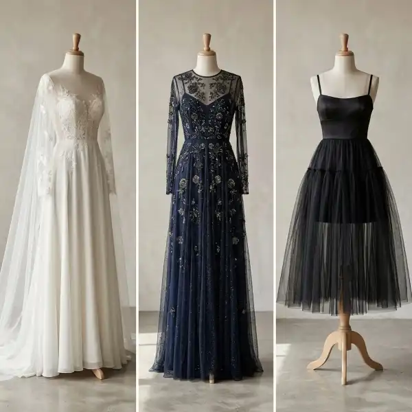 Sheer fabric applications across bridal, evening, and party dresses