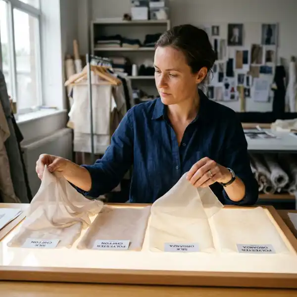 Sourcing team reviewing silk and polyester chiffon and organza swatches