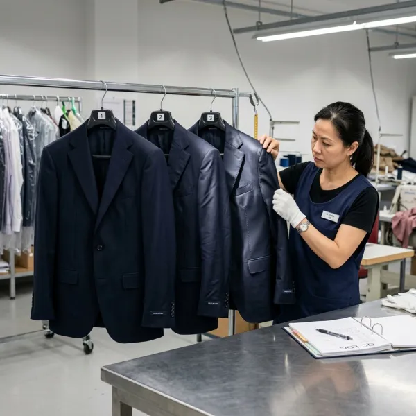 Apparel quality inspector comparing correctly finished garments with shine, wrinkles, and seam impressions
