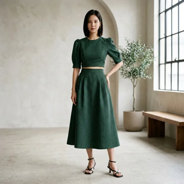 Coordinated set crop top dan rok high-waist dengan hemline yang dirancang selaras