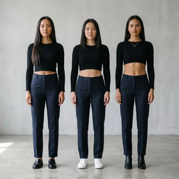 Crop top dengan panjang berbeda dipadukan dengan bawahan high-rise untuk melihat perubahan proporsi