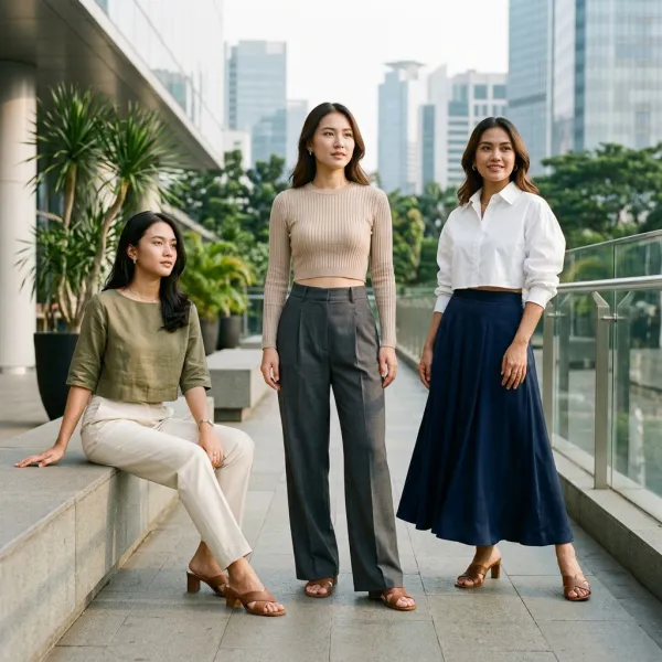 Tren crop top 2026 dalam editorial fashion dengan variasi siluet potongan pendek
