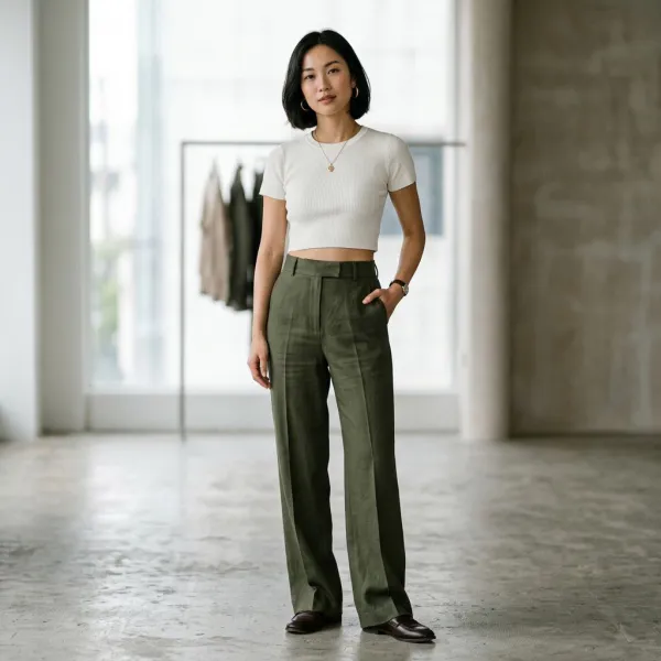 Crop top dengan celana high-waist memperlihatkan hubungan hemline dan waistband dalam membentuk proporsi