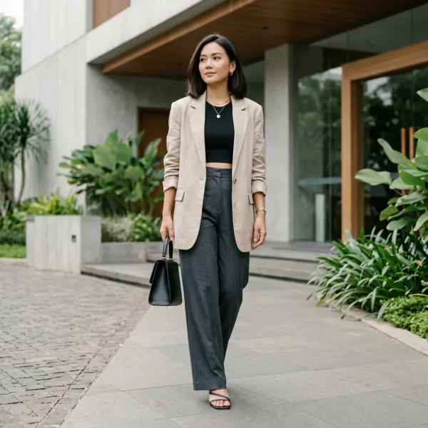 Crop top dipadukan dengan outerwear panjang sebagai strategi layering fashion 2026