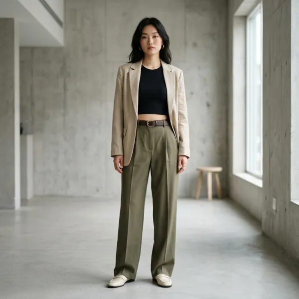Crop top dipadukan dengan blazer dan bawahan high-waist sebagai outfit layering