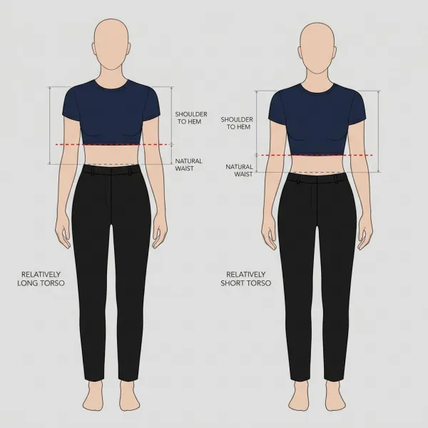 Perbandingan pengaruh posisi hemline crop top pada torso dengan proporsi berbeda