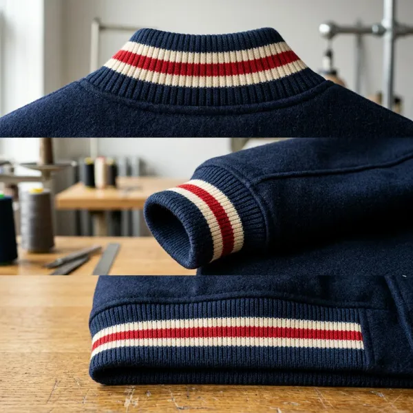 Detail rib collar cuff dan hem pada jaket baseball