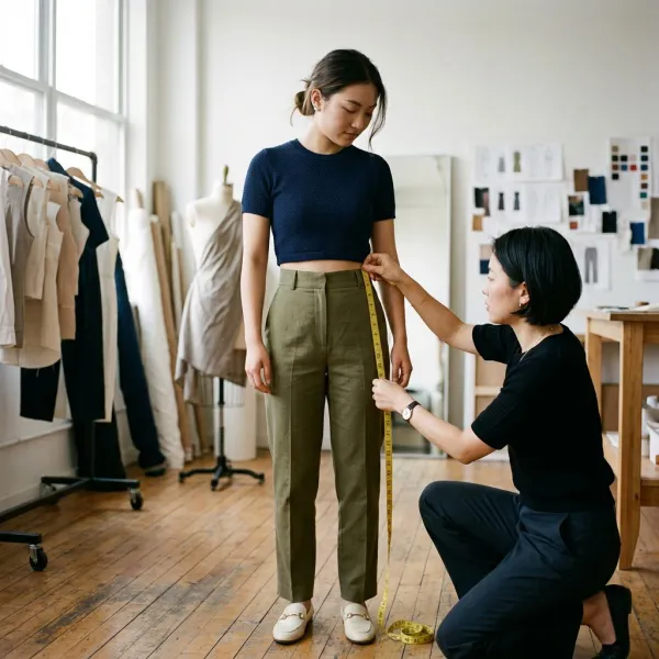 Fashion designer mengevaluasi posisi hemline crop top saat fitting untuk memastikan proporsi dan kenyamanan