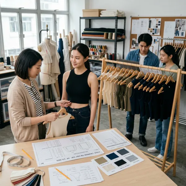 Tim pengembangan produk melakukan fitting crop top pada beberapa ukuran untuk mengevaluasi panjang dan proporsi