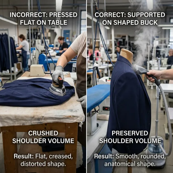 Comparison of incorrect flat pressing and correct shaped-buck pressing on a jacket shoulder