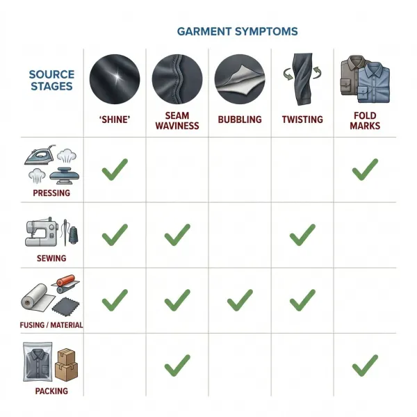 Diagnostic map linking garment finishing symptoms to pressing, sewing, fusing, and packing causes