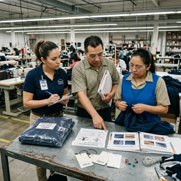 Production team approving garment finishing standards with a sealed sample and defect references