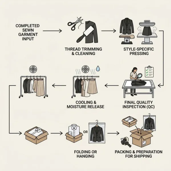 Workflow from completed sewing through pressing, inspection, folding, and garment packing