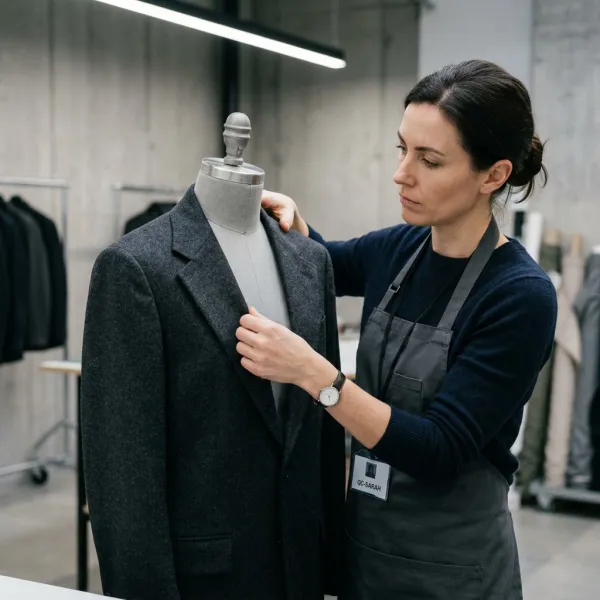 Quality inspector examining a dark jacket for shine and seam impressions under directional light