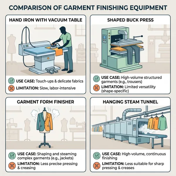 Comparison of vacuum table, shaped press, form finisher, and steam tunnel for garment finishing