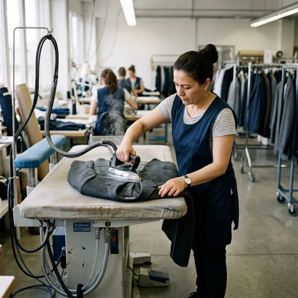 Garment finishing operator pressing a tailored jacket on a vacuum table in an apparel factory