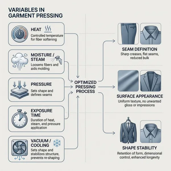 Diagram showing how heat, moisture, pressure, time, and cooling influence garment appearance