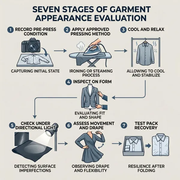 Garment pressing evaluation workflow covering cooling, inspection, movement, and pack recovery