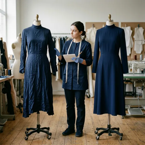 Fashion technician comparing an unpressed and correctly pressed dress for shape and drape