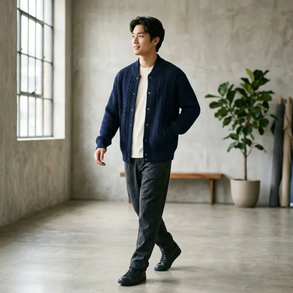 Jaket baseball berbahan knit dengan karakter fleksibel dan sporty