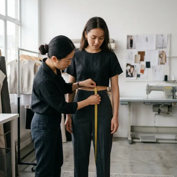 Fashion designer menentukan panjang crop top dengan mengukur posisi hemline terhadap garis pinggang