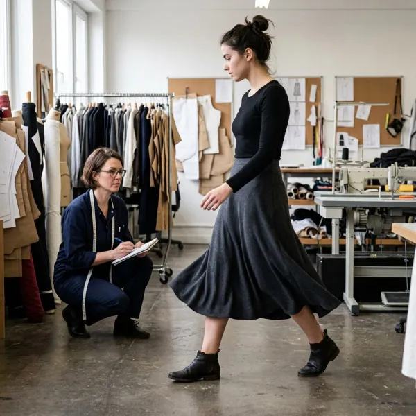 Bias-cut skirt assessed in motion after pressing and cooling