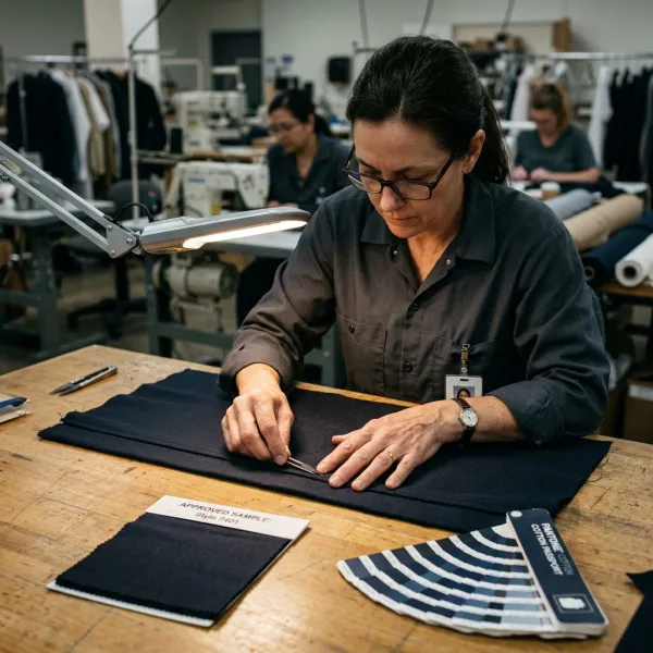 Apparel technician checking fabric shine and seam impressions after a garment pressing trial