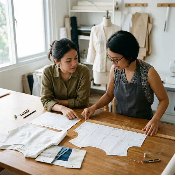 Pattern maker dan fashion designer mengevaluasi pola serta tech pack crop top sebelum produksi