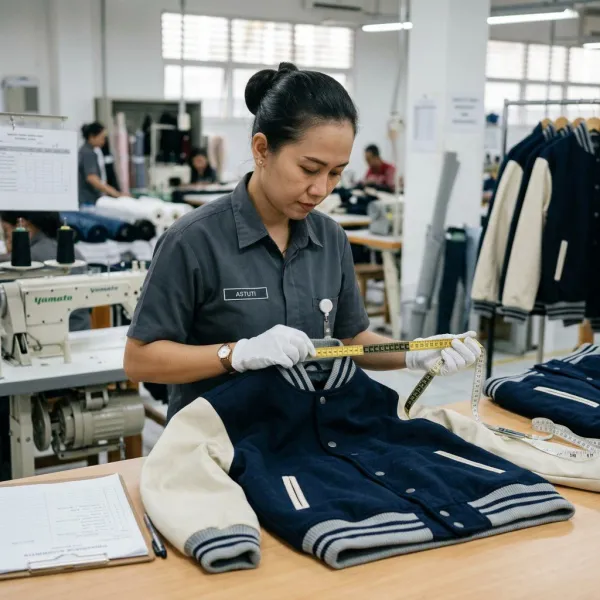 Quality control rib pada jaket baseball untuk memeriksa ukuran dan konstruksi