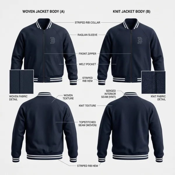 Hubungan rib dengan bahan knit dan woven pada jaket baseball