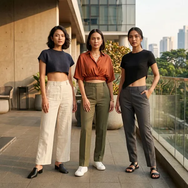 Styling crop top modern dengan berbagai posisi hemline yang menunjukkan variasi proporsi fashion 2026