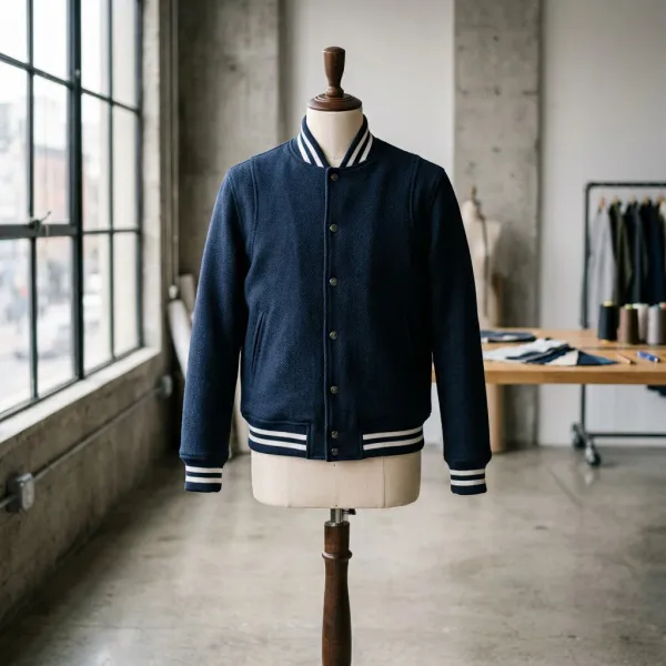 Jaket baseball berbahan woven dengan siluet lebih terstruktur