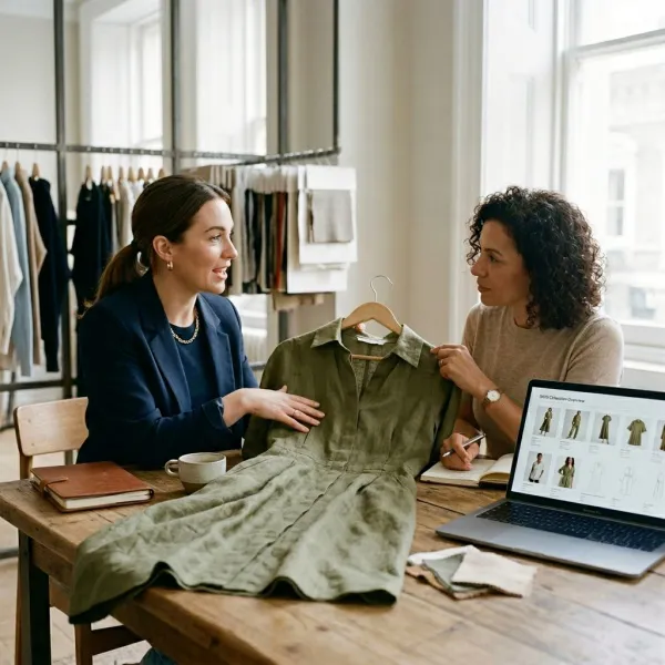 Fashion buyer meeting combining physical garment samples with a digital sales platform