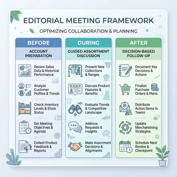 Digital fashion buyer meeting framework covering preparation, commercial discussion, and follow-up