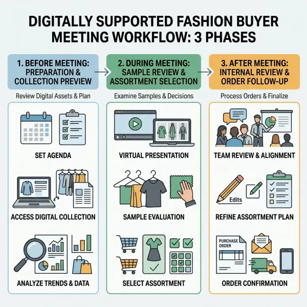 Workflow showing fashion buyer activity before, during, and after a digitally supported appointment
