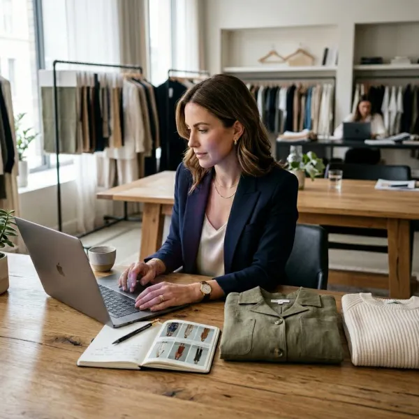 Fashion buyer reviewing a digital showroom with garment samples and collection notes Fashion buyer reviewing a digital showroom with garment samples and collection notes