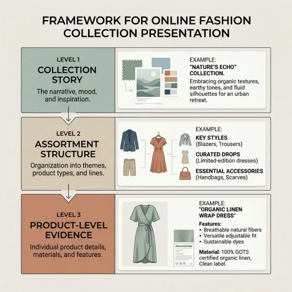 Online showroom hierarchy from collection story to assortment and product details