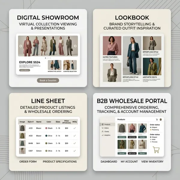 Comparison of a digital showroom, lookbook, line sheet, and B2B wholesale portal Comparison of a digital showroom, lookbook, line sheet, and B2B wholesale portal