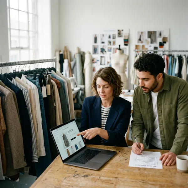 Fashion sales and merchandising team reviewing an online showroom before buyer release