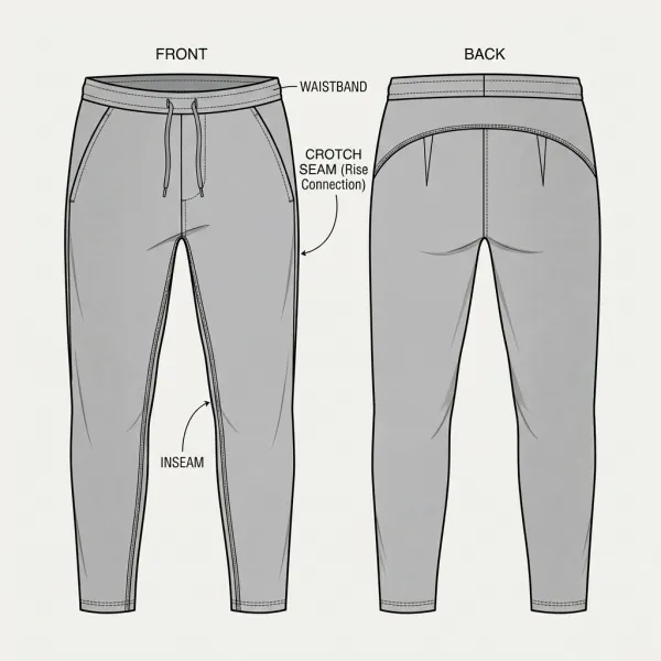 Detail konstruksi crotch pada celana training untuk mendukung kebebasan bergerak