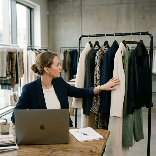 Fashion wholesale buyer reviewing an online showroom beside a curated garment rail