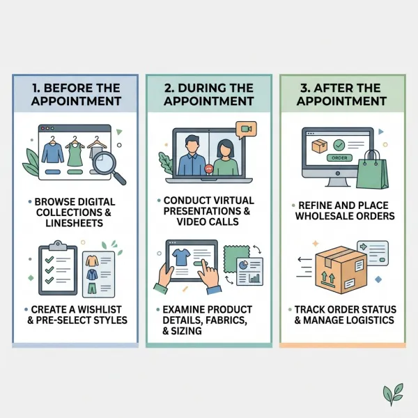 Fashion wholesale sell-in workflow using an online showroom before, during, and after a buyer appointment