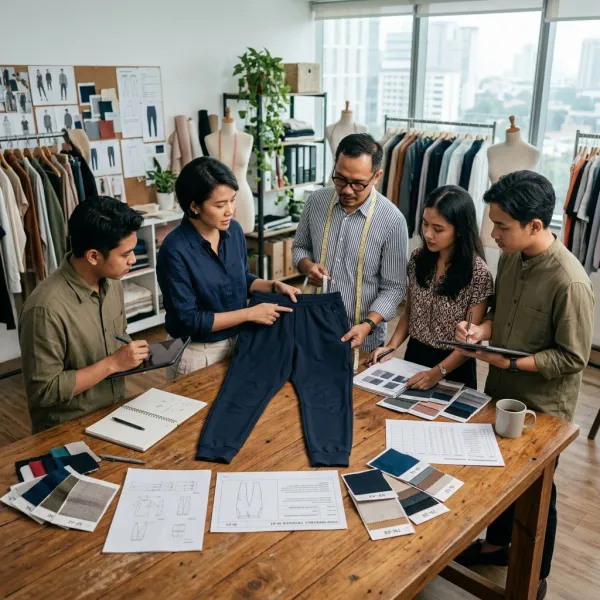 Tim pengembangan produk mengevaluasi desain celana training modern di studio fashion Tim pengembangan produk mengevaluasi desain celana training modern di studio fashion