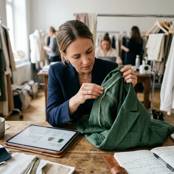 Fashion buyer examining garment construction while using a digital line sheet for commercial details