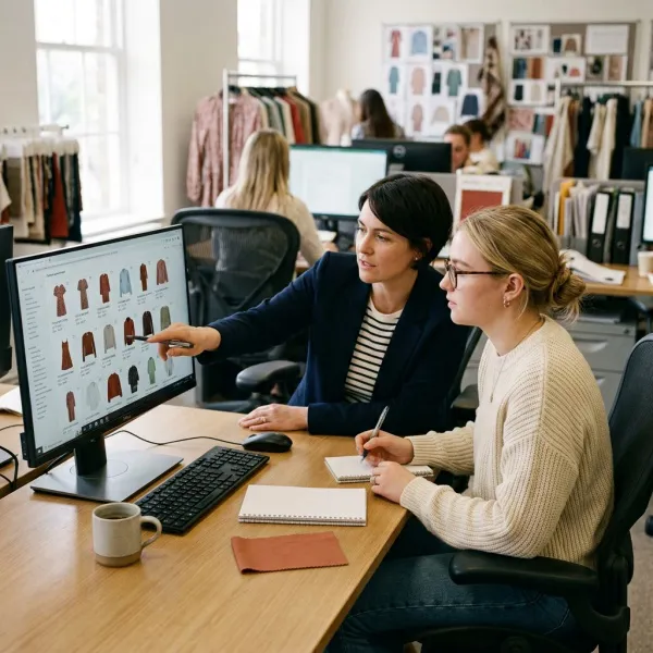 Retail buying team reviewing a saved digital fashion assortment after a brand meeting
