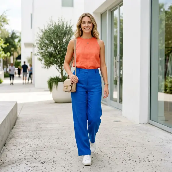 Color blocking dengan dua warna cerah dan aksesori netral untuk musim panas