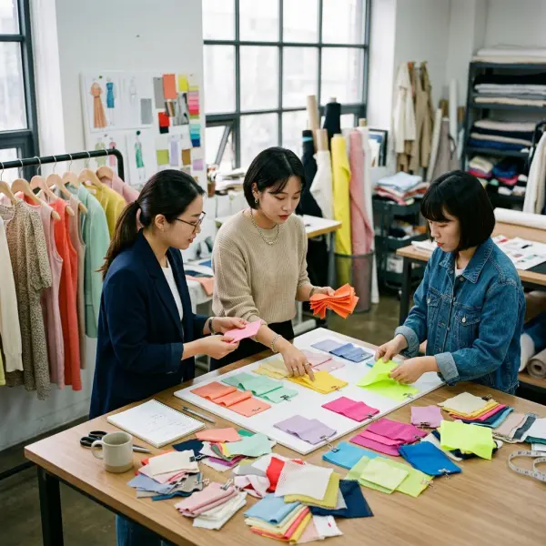 Tim fashion menyusun color story koleksi dari warna pastel hingga neon