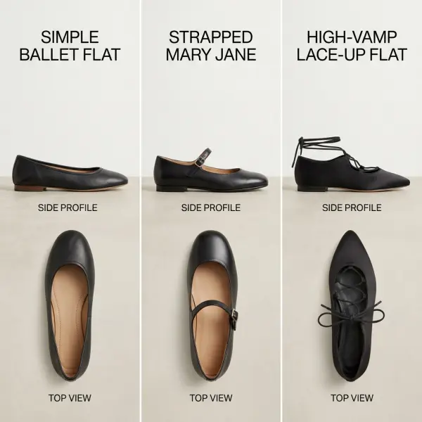 Contemporary ballet flat, Mary Jane, and high-vamp flat shoe designs