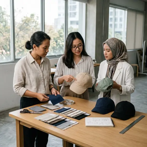 Tim pengembangan produk fashion mengevaluasi bahan topi dan prototype Tim pengembangan produk fashion mengevaluasi bahan topi dan prototype